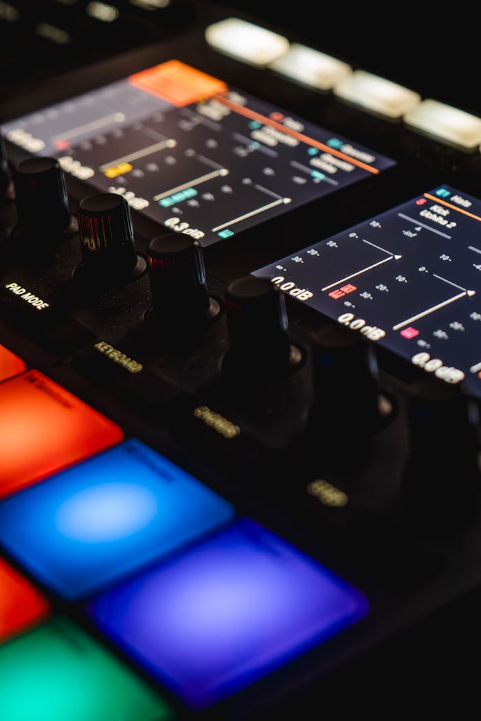 Close-up of a music production controller with vibrant backlit pads and knobs, ideal for audio mixing and digital production.